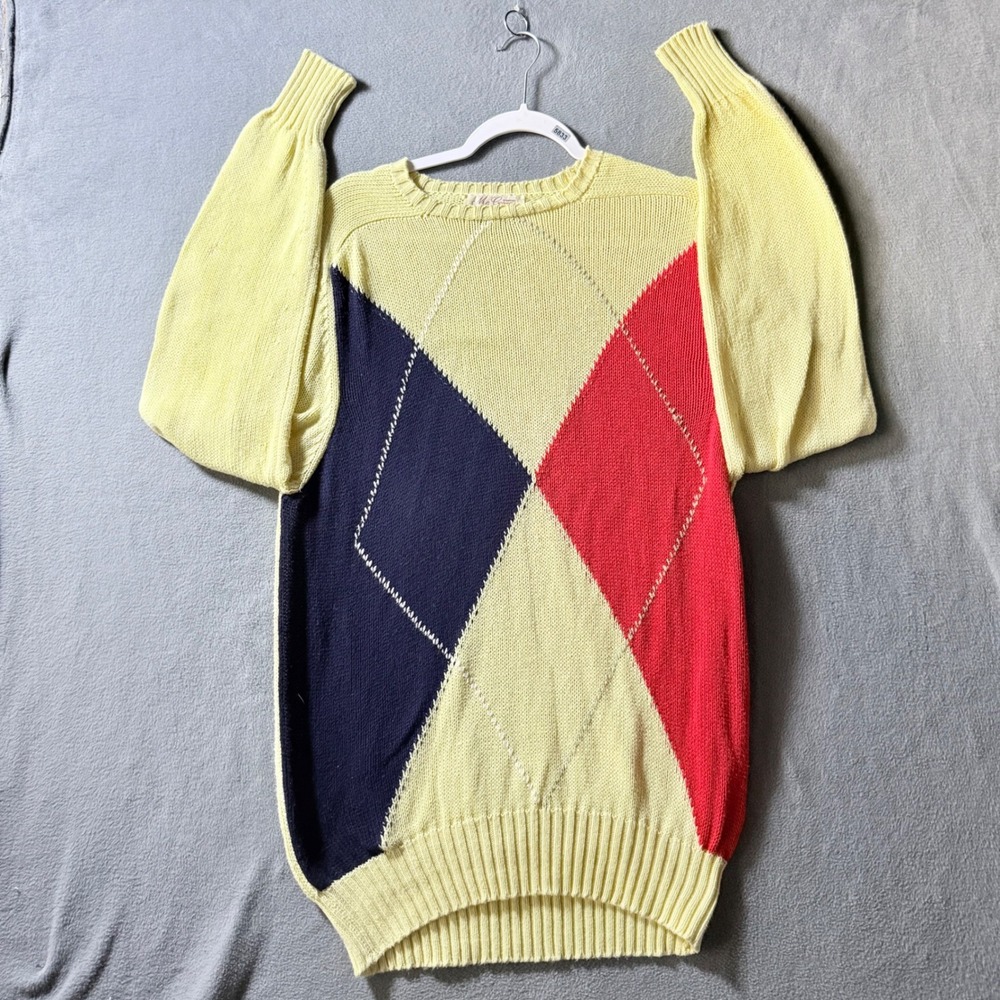 Vintage McGeorge of Dumfries Scotland Argyle Cotton Sweater Yellow Mens 44 L